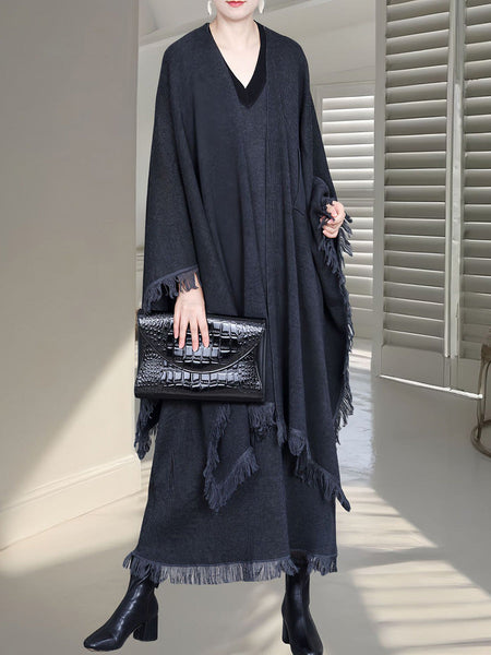 Women Fashion Colorblock Tassel Wool Knit Cardigan Shawl AH1074 ZSLS