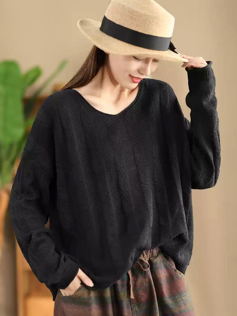 Women Artsy Autumn Cotton V-Neck Knit Sweater AK1026 Genistyle Shop