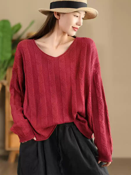 Women Artsy Autumn Cotton V-Neck Knit Sweater AK1026 Genistyle Shop