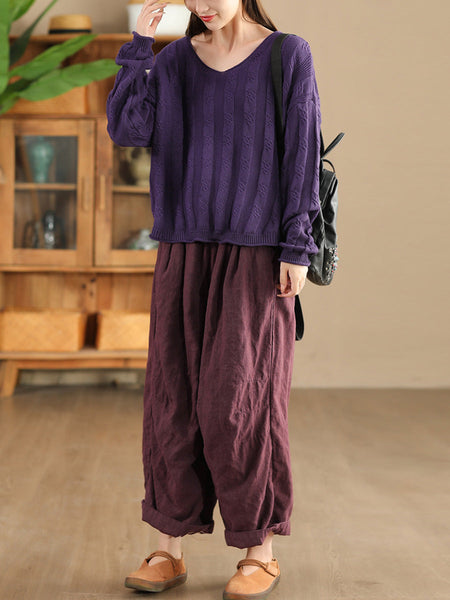 Women Artsy Autumn Cotton V-Neck Knit Sweater AK1026 Genistyle Shop