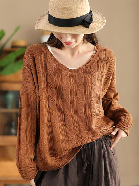 Women Artsy Autumn Cotton V-Neck Knit Sweater AK1026 Genistyle Shop