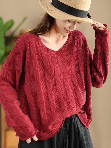 Women Artsy Autumn Cotton V-Neck Knit Sweater AK1026 Genistyle Shop