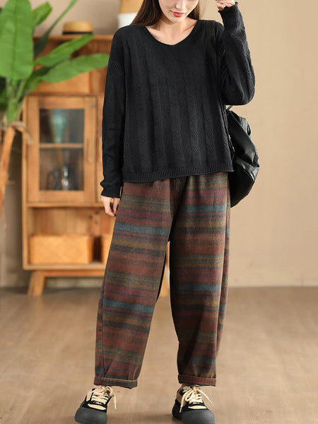 Women Artsy Autumn Cotton V-Neck Knit Sweater AK1026 Genistyle Shop