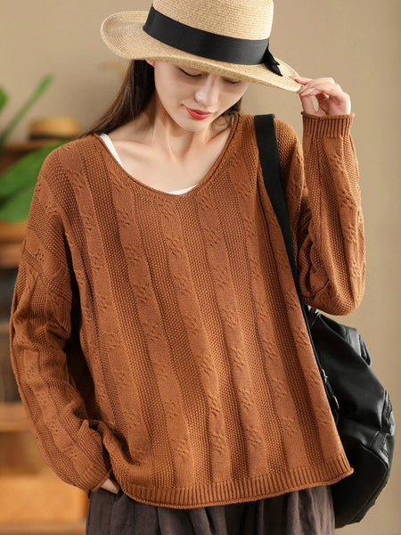 Women Artsy Autumn Cotton V-Neck Knit Sweater AK1026 Genistyle Shop