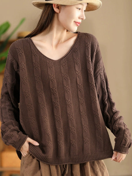 Women Artsy Autumn Cotton V-Neck Knit Sweater AK1026 Genistyle Shop