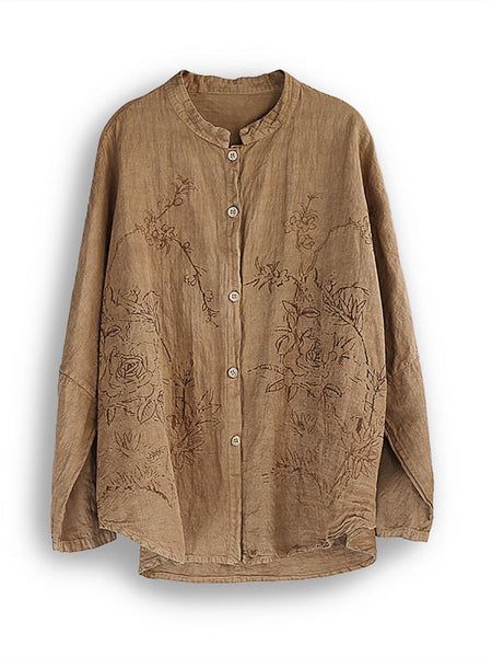 Women Autumn Retro Flower Button-up Cotton Blouse AK1042 Genistyle Shop