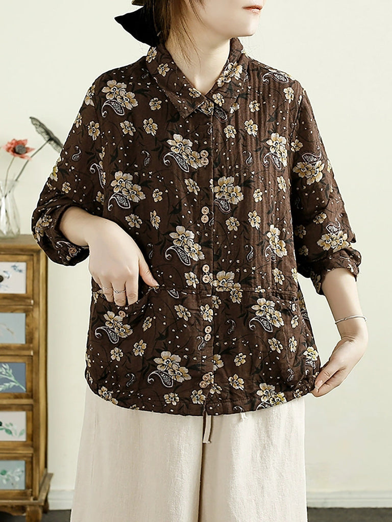 Women Autumn Artsy Flower Cotton Shirt Coat AK1038 Genistyle Shop