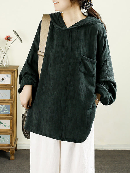 Women Autumn Artsy Pure Color Hooded Linen Shirt AK1039 Genistyle Shop