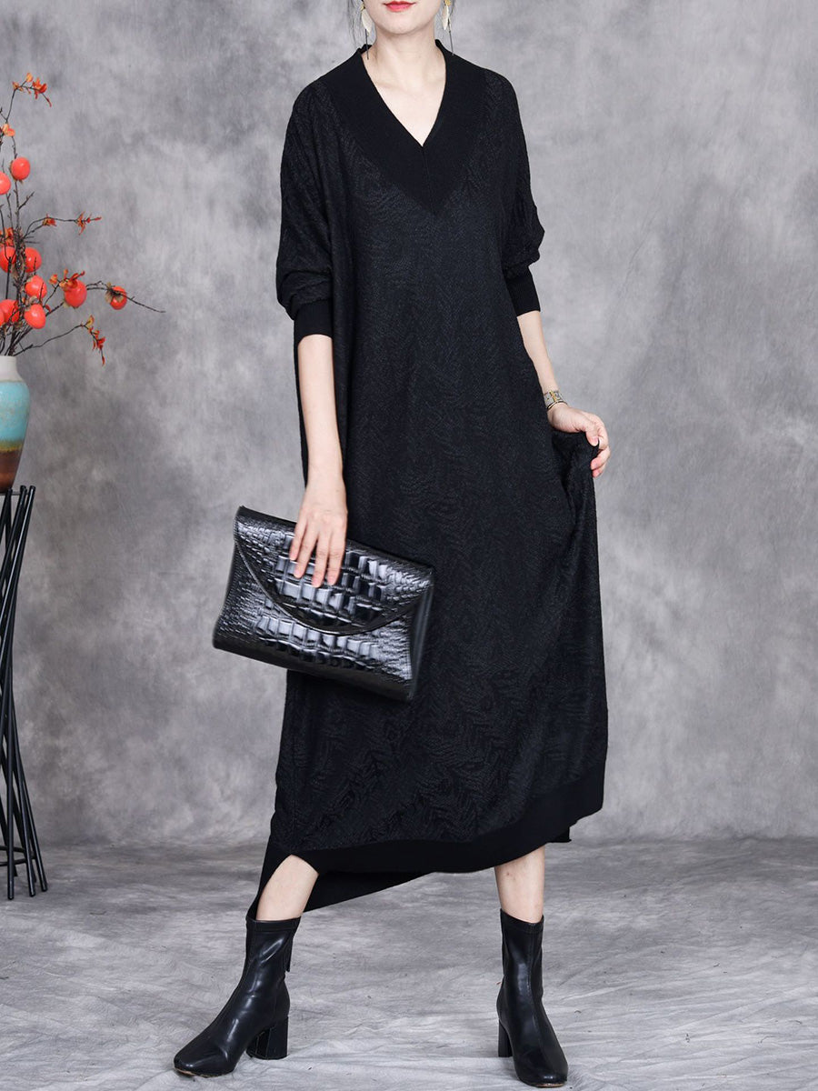 Women Autumn Artsy Colorblock V-neck Knit Dress AK1037 Genistyle Shop