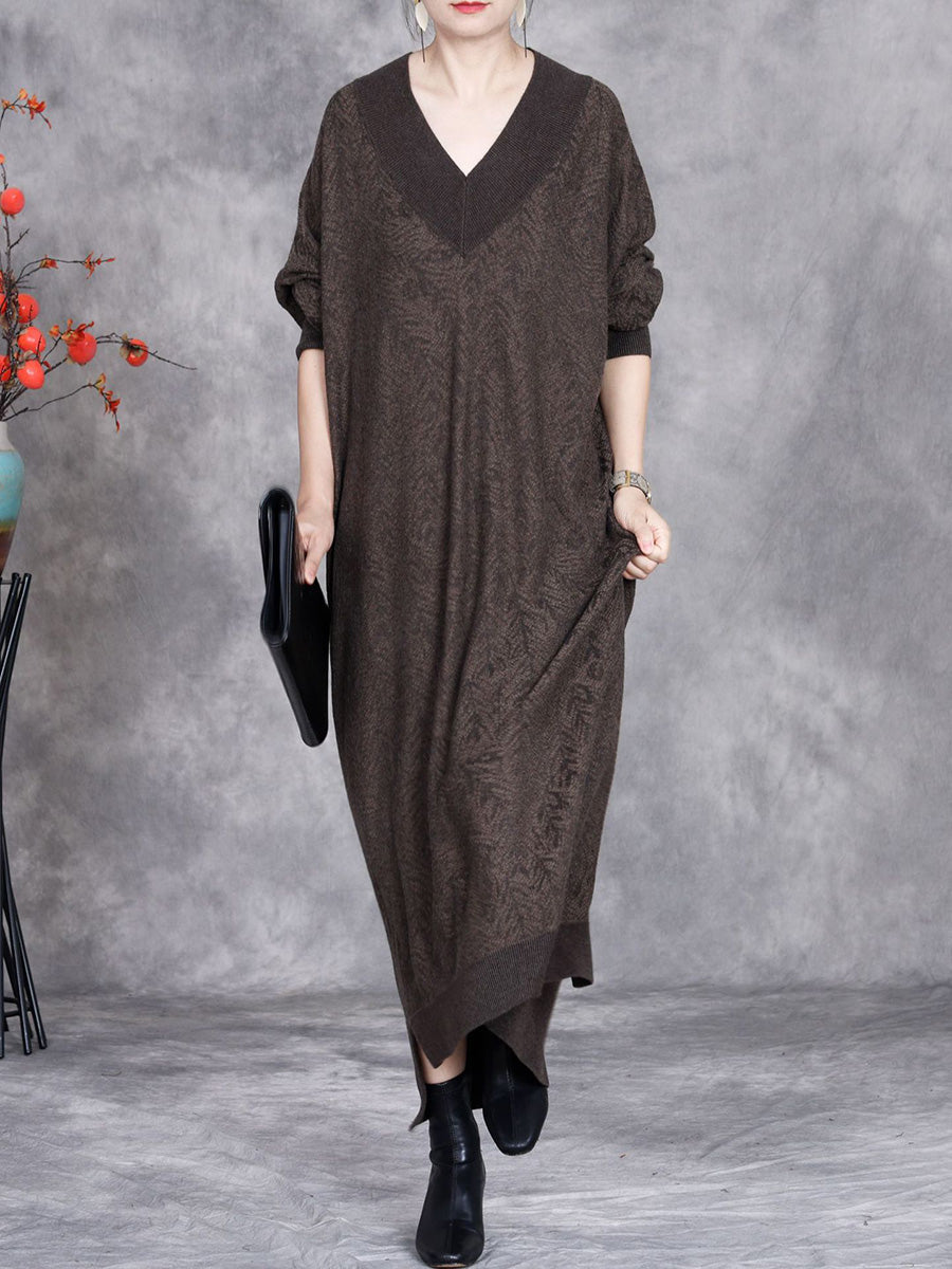 Women Autumn Artsy Colorblock V-neck Knit Dress AK1037 Genistyle Shop