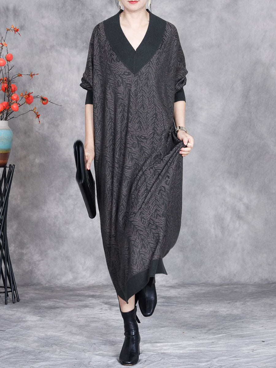 Women Autumn Artsy Colorblock V-neck Knit Dress AK1037 Genistyle Shop