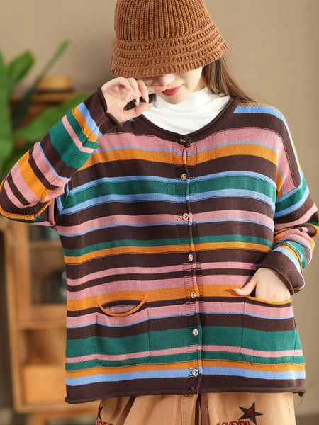 Women Casual Autumn Colorblock Stripe O-Neck Cotton Sweater AH1069 ZMMM