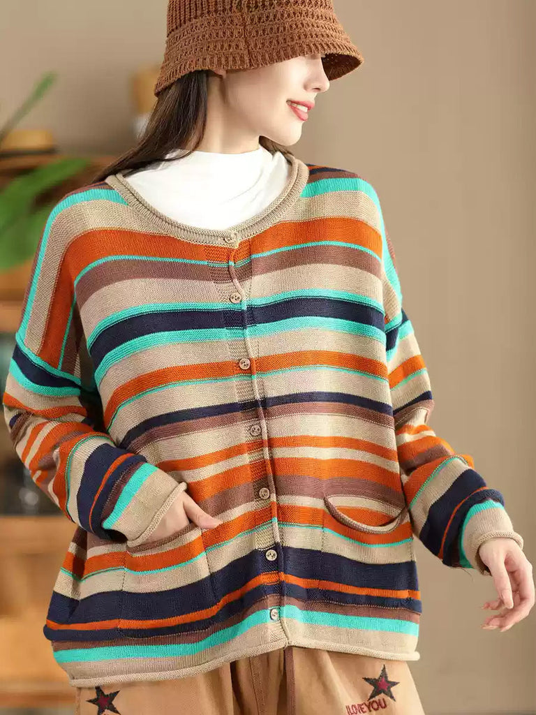 Women Casual Autumn Colorblock Stripe O-Neck Cotton Sweater AH1069 ZMMM