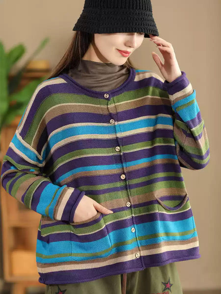 Women Casual Autumn Colorblock Stripe O-Neck Cotton Sweater AH1069 ZMMM