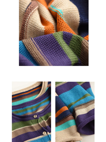 Women Casual Autumn Colorblock Stripe O-Neck Cotton Sweater AH1069 ZMMM