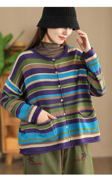 Women Casual Autumn Colorblock Stripe O-Neck Cotton Sweater AH1069 ZMMM