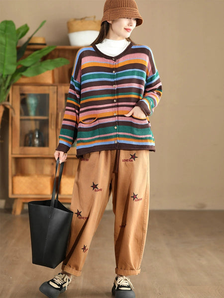 Women Casual Autumn Colorblock Stripe O-Neck Cotton Sweater AH1069 ZMMM