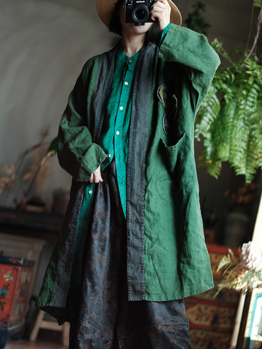 Women Vintage Autumn Patch Spliced Long Linen Coat AX1013 Genistyle Shop