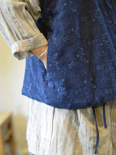 Women Ethnic Flowe Embroidery V-Neck Linen Padded Vest Coat AX1006 Genistyle Shop
