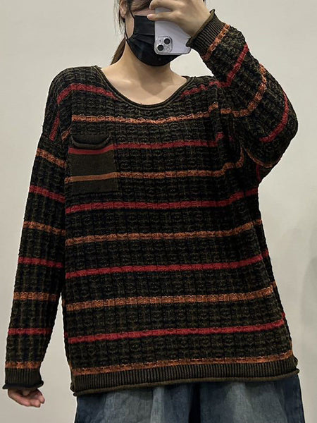 Women Casual Autumn Stripe Knit O-Neck Sweater AX1005 Genistyle Shop