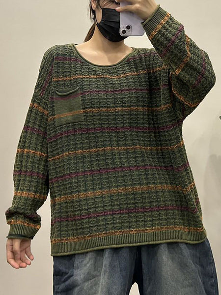 Women Casual Autumn Stripe Knit O-Neck Sweater AX1005 Genistyle Shop