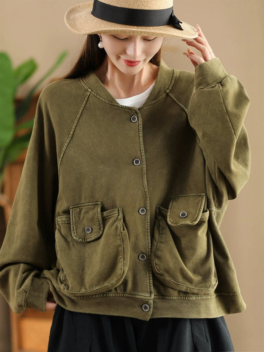 Women Retro Pure Color Stand Collar Pocket Cotton Coat AX1008 Genistyle Shop