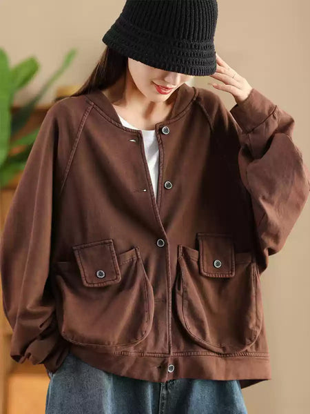Women Retro Pure Color Stand Collar Pocket Cotton Coat AX1008 Genistyle Shop