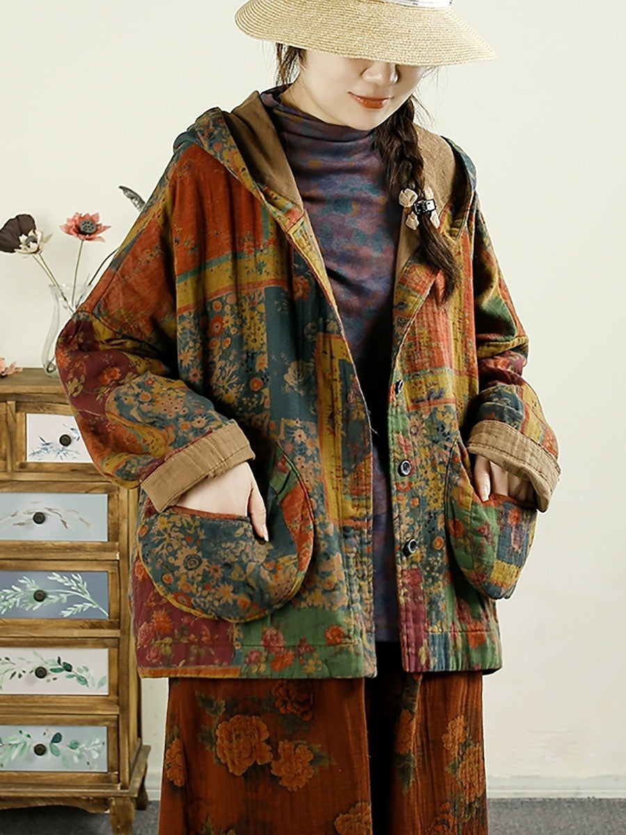Women Autumn Vintage Flower Patchwork Cotton Hooded Coat AX1025 Genistyle Shop
