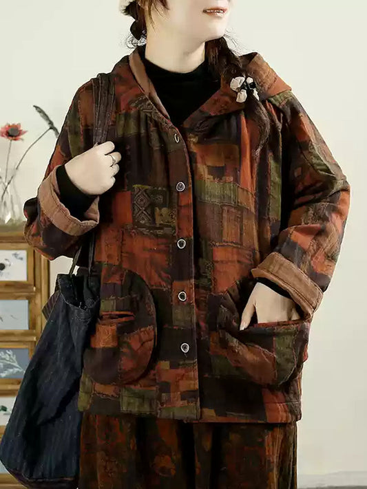 Women Autumn Vintage Flower Patchwork Cotton Hooded Coat AX1025 Genistyle Shop