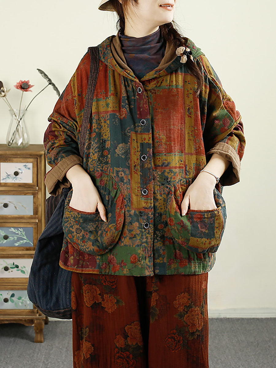 Women Autumn Vintage Flower Patchwork Cotton Hooded Coat AX1025 Genistyle Shop