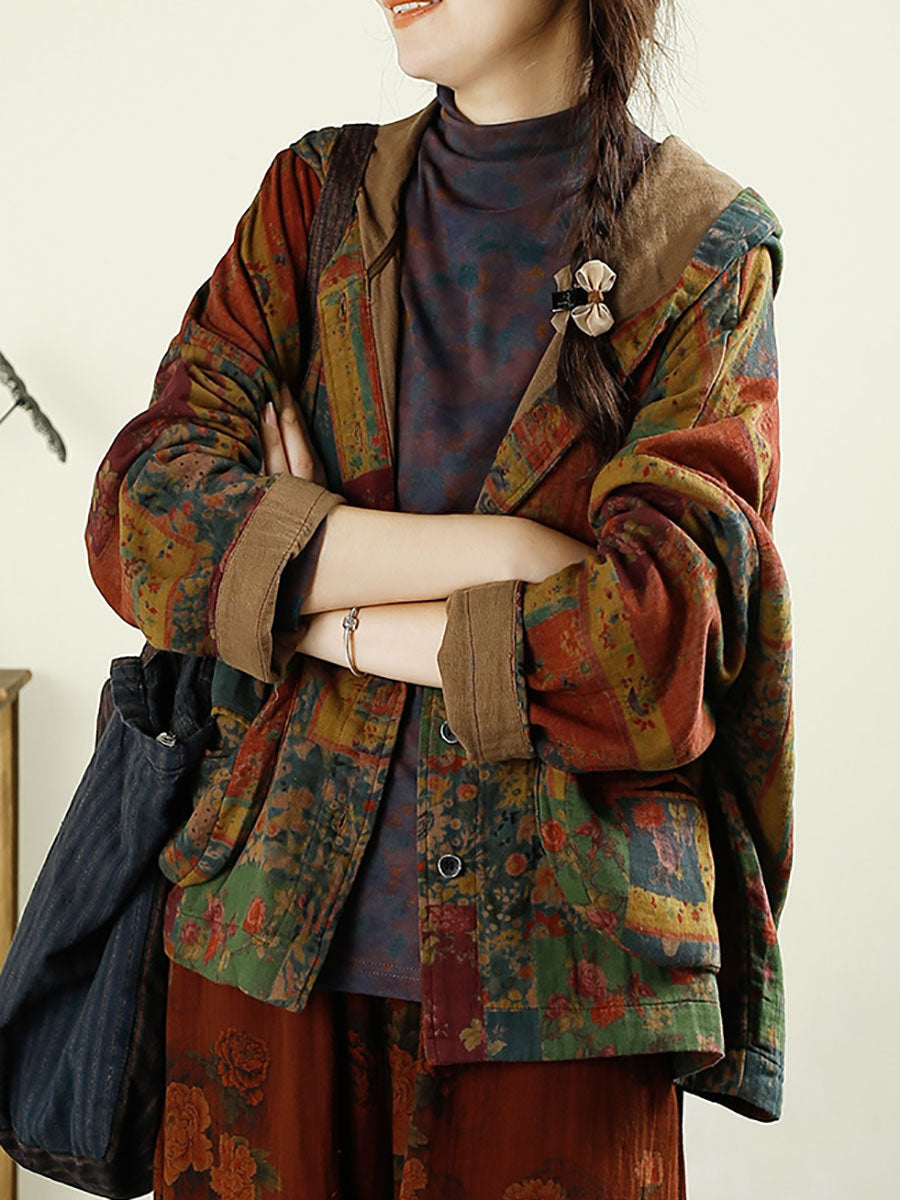 Women Autumn Vintage Flower Patchwork Cotton Hooded Coat AX1025 Genistyle Shop