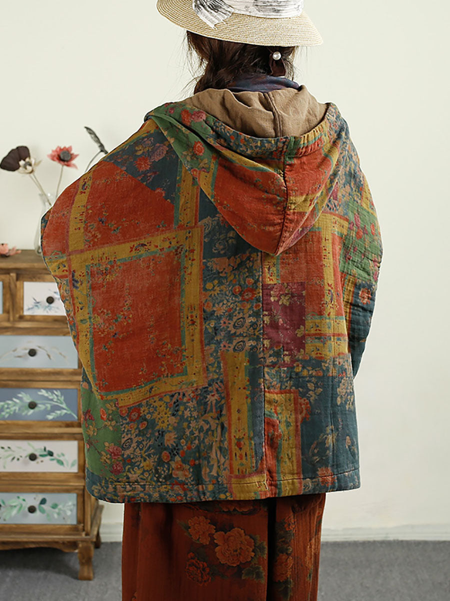 Women Autumn Vintage Flower Patchwork Cotton Hooded Coat AX1025 Genistyle Shop