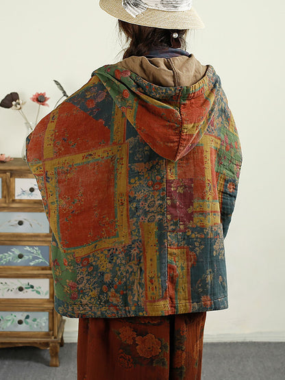 Women Autumn Vintage Flower Patchwork Cotton Hooded Coat AX1025 Genistyle Shop