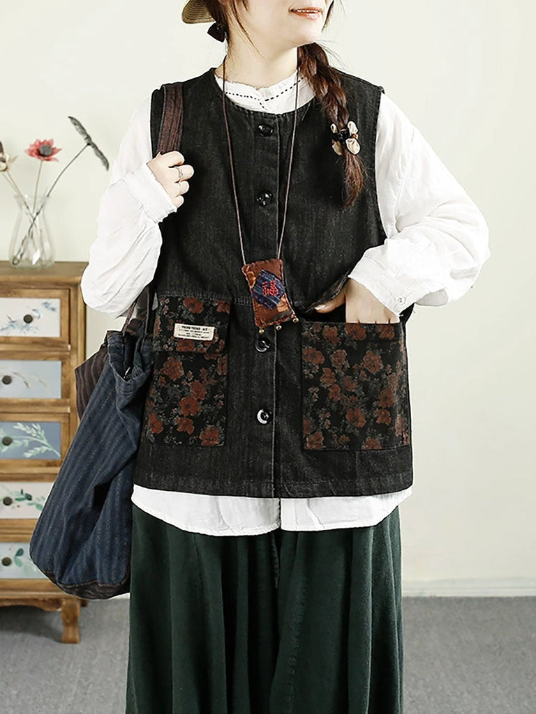 Women Ethnic Flower Patch Spliced O-Neck Cotton Vest AX1033 Genistyle Shop