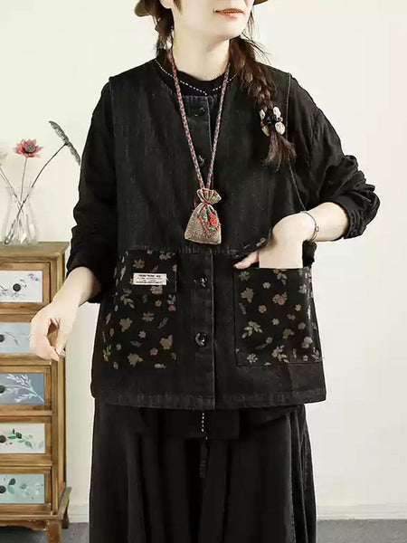 Women Ethnic Flower Patch Spliced O-Neck Cotton Vest AX1033 Genistyle Shop