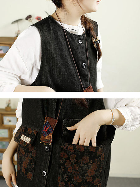 Women Ethnic Flower Patch Spliced O-Neck Cotton Vest AX1033 Genistyle Shop