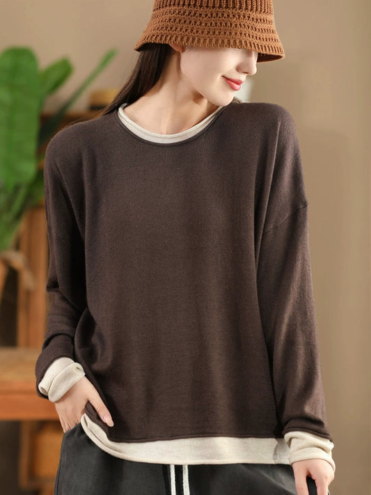 Women Casual Autumn Colorblock O-Neck Blouse AX1034 Genistyle Shop