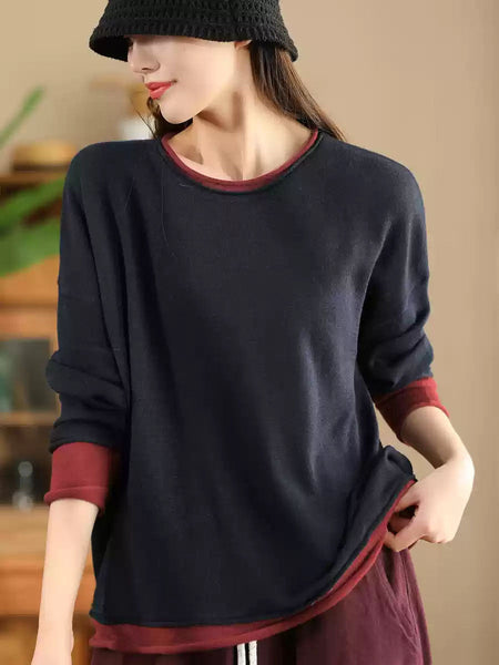Women Casual Autumn Colorblock O-Neck Blouse AX1034 Genistyle Shop