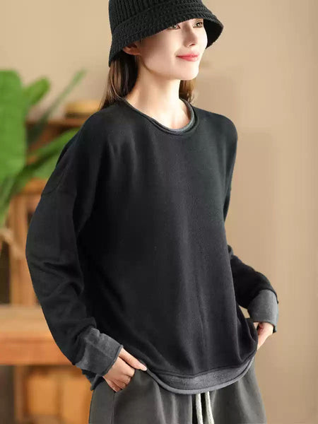 Women Casual Autumn Colorblock O-Neck Blouse AX1034 Genistyle Shop