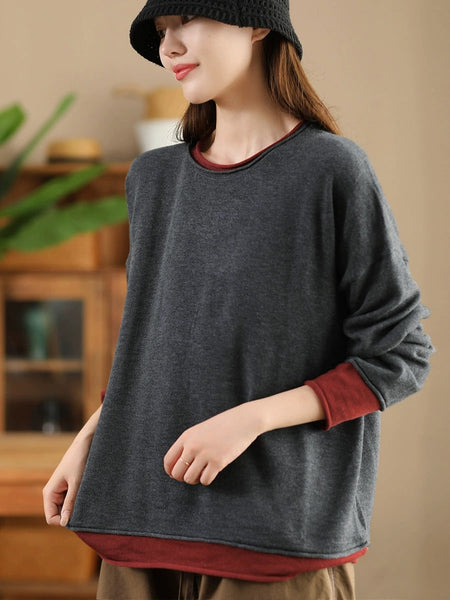 Women Casual Autumn Colorblock O-Neck Blouse AX1034 Genistyle Shop