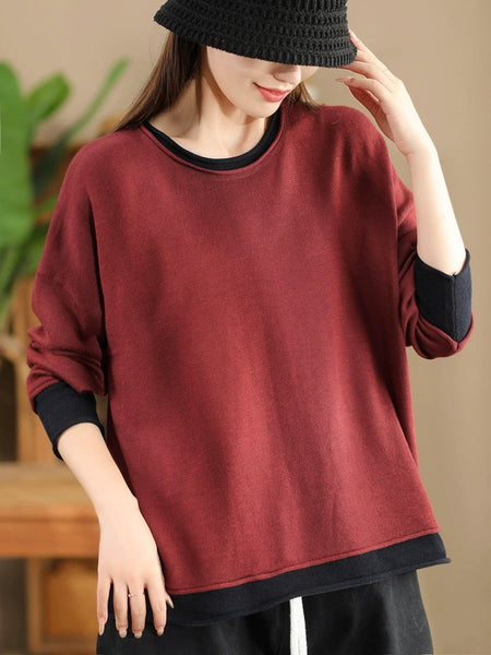 Women Casual Autumn Colorblock O-Neck Blouse AX1034 Genistyle Shop