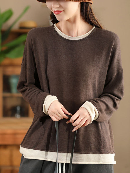 Women Casual Autumn Colorblock O-Neck Blouse AX1034 Genistyle Shop