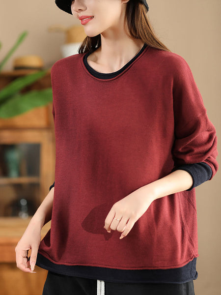 Women Casual Autumn Colorblock O-Neck Blouse AX1034 Genistyle Shop