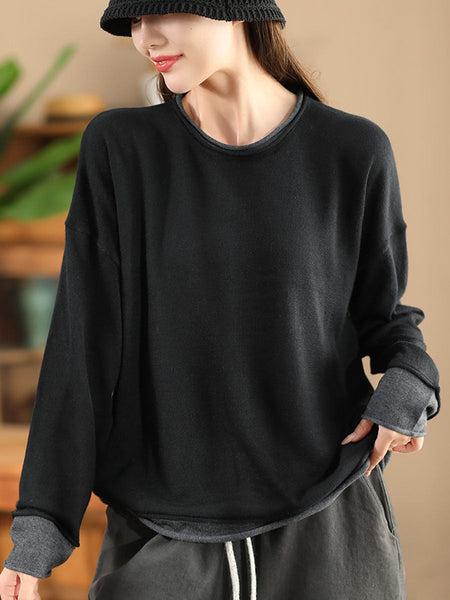 Women Casual Autumn Colorblock O-Neck Blouse AX1034 Genistyle Shop