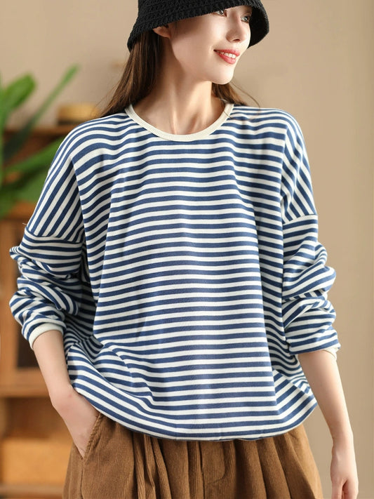 Women Casual Autumn Stripe O-Neck Cotton Blouse AX1035 Genistyle Shop