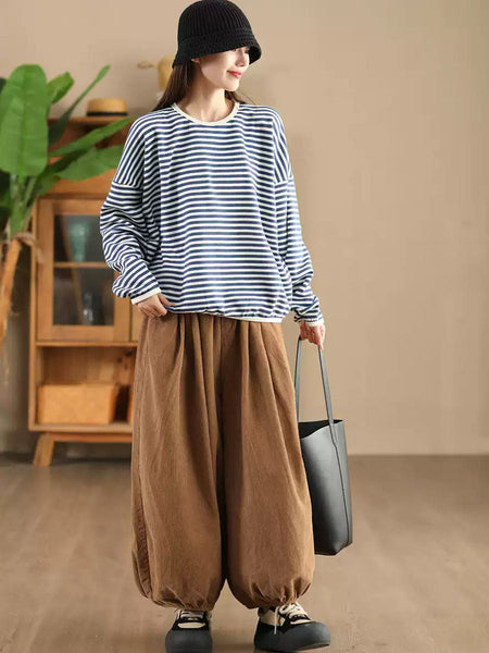 Women Casual Autumn Stripe O-Neck Cotton Blouse AX1035 Genistyle Shop
