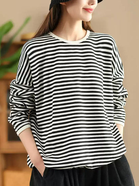 Women Casual Autumn Stripe O-Neck Cotton Blouse AX1035 Genistyle Shop