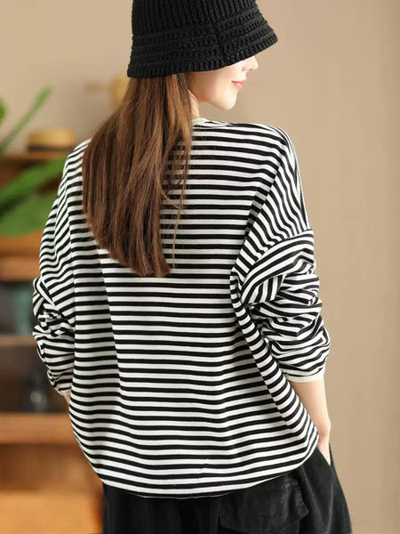 Women Casual Autumn Stripe O-Neck Cotton Blouse AX1035 Genistyle Shop