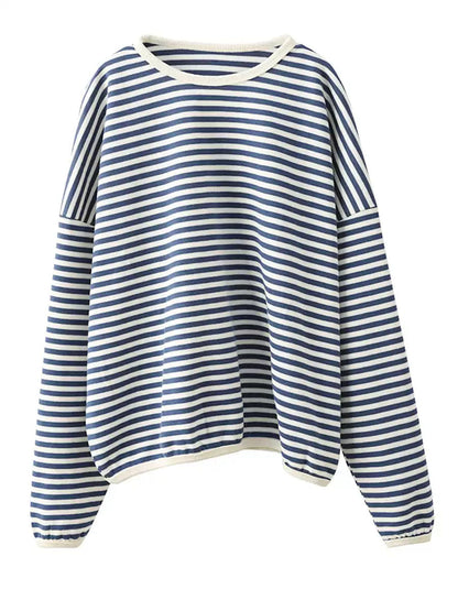 Women Casual Autumn Stripe O-Neck Cotton Blouse AX1035 Genistyle Shop