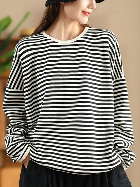Women Casual Autumn Stripe O-Neck Cotton Blouse AX1035 Genistyle Shop